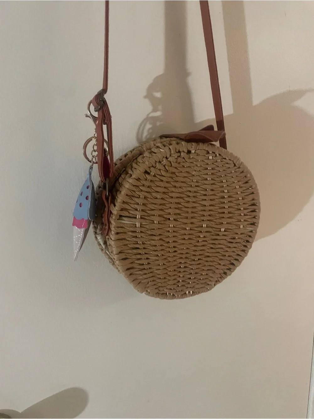 Round Woven Straw Crossbody Bag | Boho Summer Rattan Purse + Ice Cream Charm